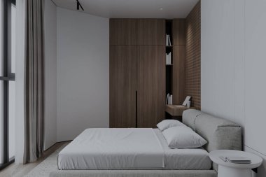 Modern İskandinav tarzı modern yatak odası açık gri yatak ve tahta dolabı var..