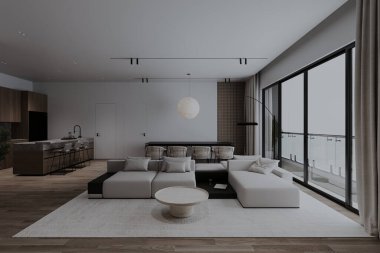 Modern oturma odası şık kanepe ve şık dekorasyonlu modern İskandinav tarzı modern oturma odası..