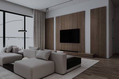 Beyaz halıda şık kanepesi olan modern İskandinav tarzı modern oturma odası. ve parke zemini.