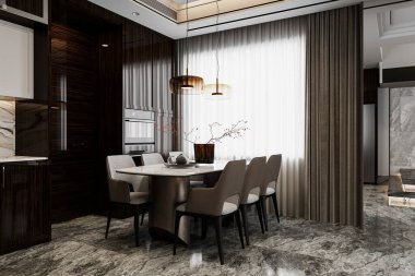 İskandinavya 'nın modern sofrası, yemek sandalyeleri ve vazosu olan bir masa. mermer döşeme üzerinde