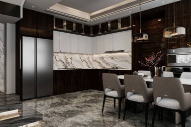 İskandinavya 'nın Şık modern yemekleri zarif yemek sandalyeleri ve mutfak alanının yanında bir masa..