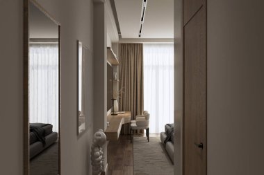 İskandinavya 'nın Şık İskandinav Temiz Stil Modern yatak odası, kapıdan manzara.