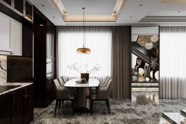 İskandinavya 'nın Şık İskandinav tarzı modern yemek masası zarif yemek sandalyeleri ve mermer döşeme üzerinde çiçek vazosu olan bir masa.