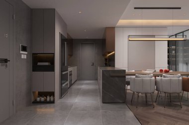 Basit modern yemek odası entegre mutfak ve giriş salonu..