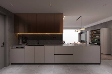 Modern teknolojinin basit modern mutfağı. Yönetim kurulu.