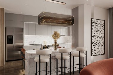 Büyük bir adası, gümüş musluğu, Sputnik avizesi, paslanmaz çelik aletleri olan lüks bir mutfak..