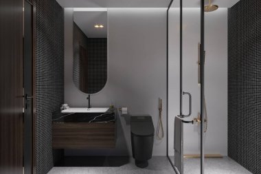 Lüks İskandinav tarzı siyah renkli banyo lavabo, ayna ve tuvalet..