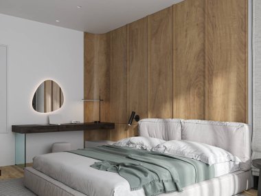 Çağdaş çatı katı yatak odası, büyük boy yatak..