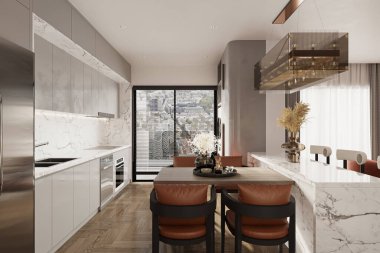 Modern mutfak ve yemek odası koyu ve açık renkli, tabaklar için sandalye ve dolaplar.