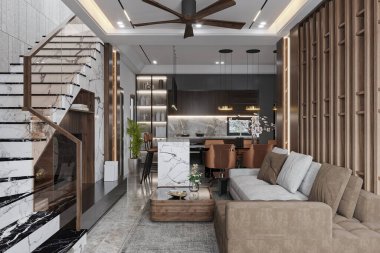 Modern naneli kanepe ve küp kahveyle oturma odasının şık iç tasarımı.