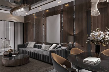 Modern dairede siyah mobilyalar var, bugünün yaşam tarzı için şık bir iç mekan yaratıyor..