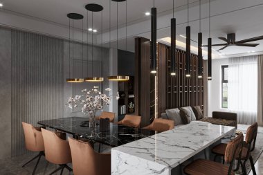 Yemek salonunun modern iç tasarımı mutfak tezgahına bağlı çiçek dolu bir vazo.