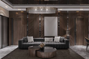 Modern yaşam alanı koyu renkli bir kanepe ve kahve masası içeriyor. Günümüzün yaşam tarzı için şık bir iç mekan oluşturuyor..