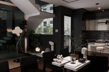 3 boyutlu modern yemek odası ve oturma odasını lüks dekorlarla donatmak.
