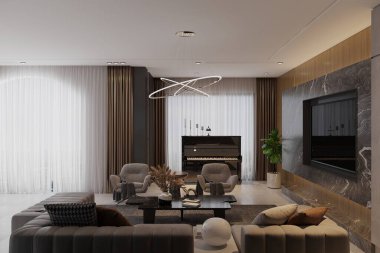 Geniş Açı Bakış Açısı, Bol Doğal Işık ve Modern Tasarım Elementleriyle 3D Hazırlanmış Geniş Oturma Odası