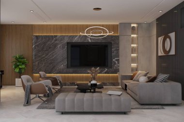 Rahat bir koltuğu ve geniş bir televizyonu olan rahat bir oturma odası..