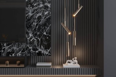 Ahşap duvarlı modern oturma odasının iç tasarımı. TV 'li siyah mermer panel.