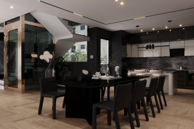 Kitchen in new luxury home with quartz waterfall island, hardwood floors, dark wood cabinets, and stainless steel appliances.