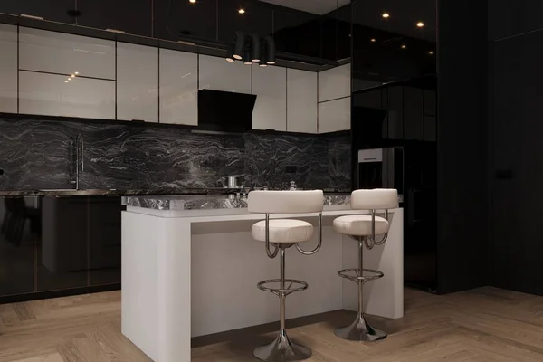 A designer kitchen with a marble backsplash and sleek cabinetry