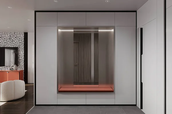 Modern apartment interior with bench and mirror in the modern foyer.