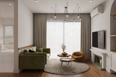 Oturma odasında güneşin doğuşunu ya da batışını gören büyük bir panoramik pencere..