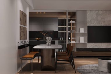 Çatı katı tarzında güzel bir yemek odası, sandalyeler ve yemek masası..