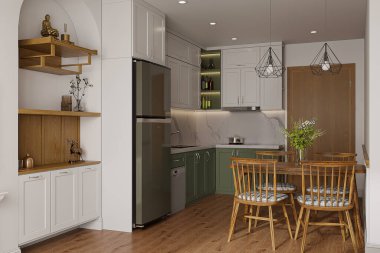 Modern minimalist yemek odası ve mutfak beyaz tonlarda, ahşap zemin, yemek masası, sandalyeler, tabureli ada, mimari iç tasarım