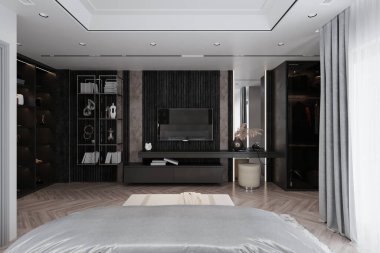 Modern oda tasarımı, beyaz ve siyah renkli modern bir arka planda parlayan güneş ışığına sahiptir..