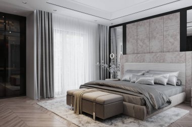 Geniş pencereli, rahat bir yatak odasının şık iç mekanı..