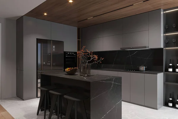 Modern kitchen interior, Contemporary kitchen with planned black and chic decor.