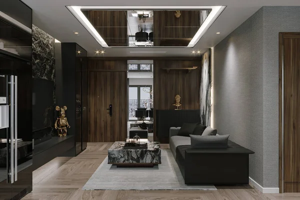 Sleek and minimalist living room with bold luxurious style accents.