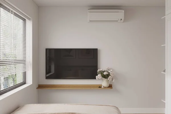 Spacious designer white bedroom, TV on the wall above the rack in front of the bed.