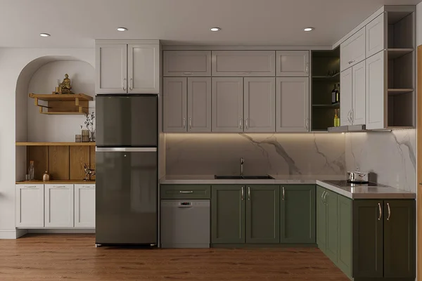 view of a modern designer kitchen with smooth handle less cabinets, white and green tone.