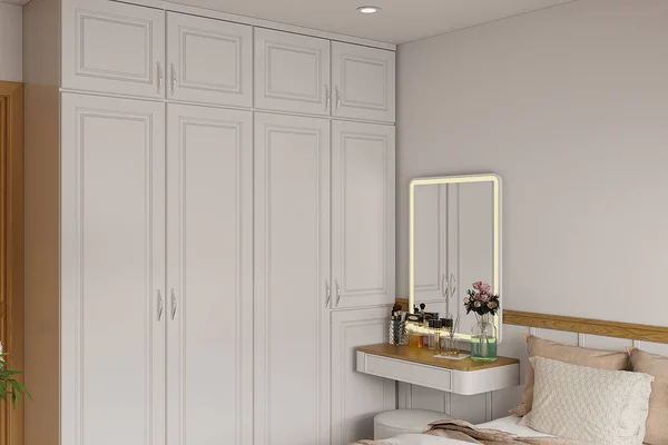 White wooden wardrobe, interior design of modern bedroom,