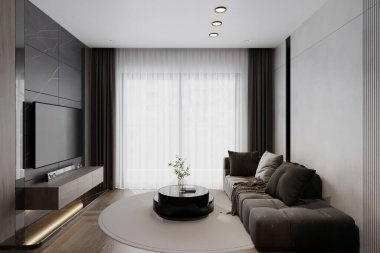 Çağdaş iç dekorasyonda çarpıcı perdeler pencereyi vurguluyor.