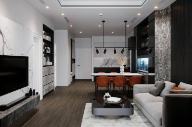 Lüks mobilyaları, beyaz mermer TV paneli, yemek masası ve sandalyeleri olan rahat bir oturma odası..