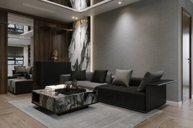 Çatı katı tarzı karanlık oturma odası, gri duvarlı siyah kanepe..