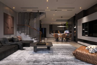 İç mekan koltuğu, duvar dekorasyonu ve dekoratif mimari tasarımı olan döşenmiş yaşam alanı..