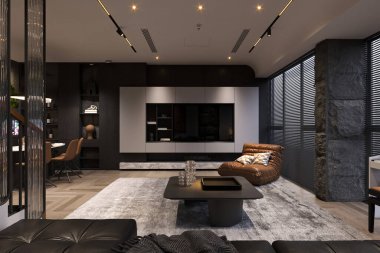 Oturma odası ve yemek odasının minimalist iç mekanı..
