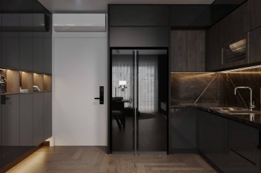 Mutfağınızı Modern Karanlık Tema, Mermer Döşemeler ve Parlak Mobilyalar ile Döndürmek