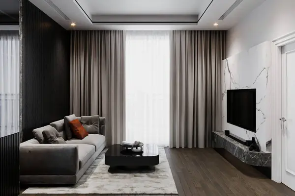 Creative composition of the living room interior with the design of a gray sofa, and panoramic window.