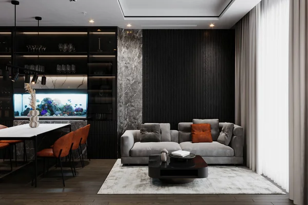 Creative composition of the living room interior with the design of a gray sofa with pillows, rug.