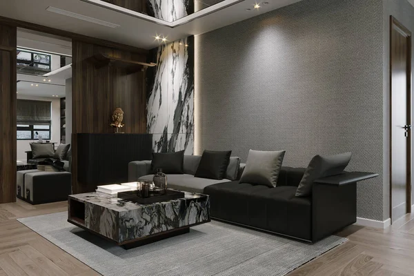Dark living room in loft style, Black sofa against gray wall.