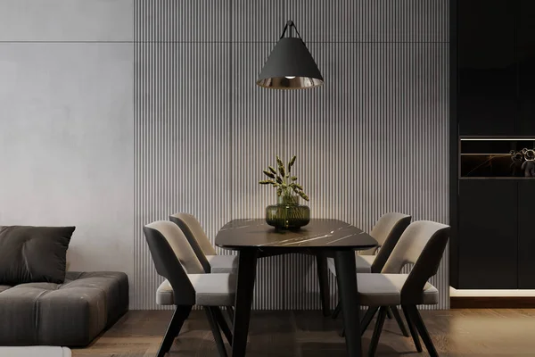 interior of a contemporary, dark dining room, mock up of a gray wall