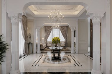 Şık bir ev girişi geniş bir pencereye ve Çin tarzında beyaz bir iç mekâna götürür..