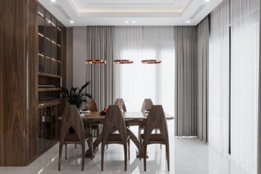 Klasik İskandinav orta çağ modern ahşap ve deri sandalyeler. Yemek odası tasarımı.