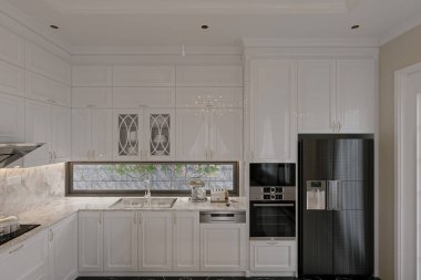 Tezgahı ve çeşitli aletleri olan klasik beyaz mutfak.