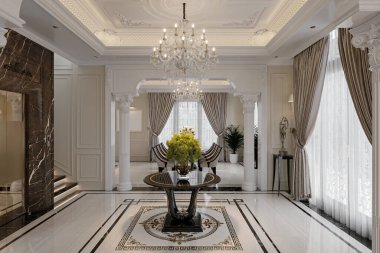 Giriş salonu dekoru. Ortadaki masada bir buket var. Çok hoş bir iç mekan..