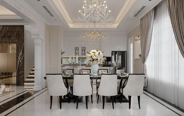 The dining room is designed with a modern table, upholstered dining chairs, and a striking chandelier