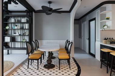 Modern ve klasik öğelerin karışımı ile çağdaş yemek odası, beyaz mermer bir masa ve oturma